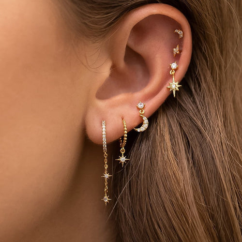 Neues Design Edelstahl Zirkonia Ketten-Creolen Für Frauen Stern-Mond Anhänger Knorpel-Piercing Schmuck